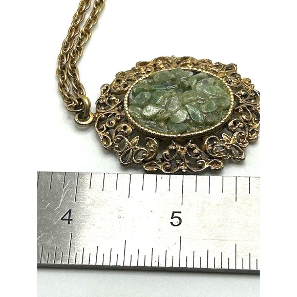 Vintage Estate Faux Green Jade Stone Pendant Filigree Gold Tone 24" Necklace - Picture 8 of 8